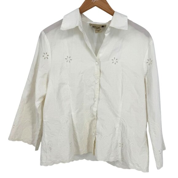 Jones NY Country White Eyelet Embroidered Button Up Shirt Womens 16P Cottagecore - Picture 1 of 7